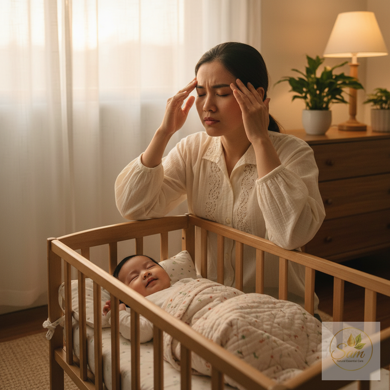 Mẹ dùng dầu gió bên cạnh bé ngủ